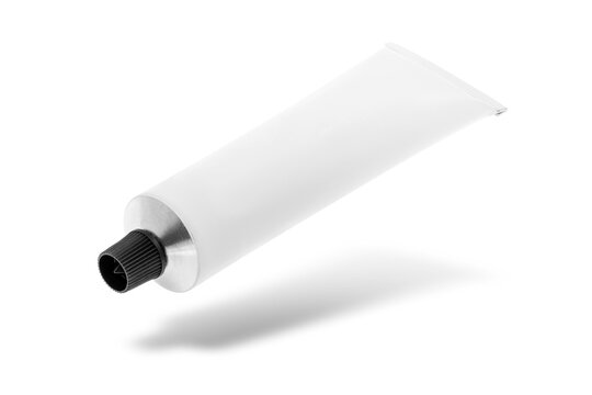 Blank white aluminum cosmetic tube mockup with black cap floating for ointment cream packaging design