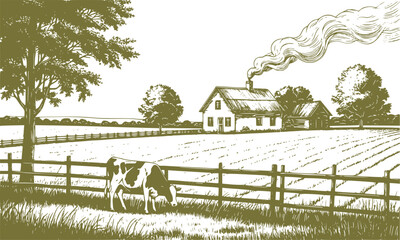 Spacious pastures on hills. Farmers and trees are visible on the horizon. Cow grazes near the fence, with grass and shrubs in the foreground. Vector illustration.Linear sketch, isolated on background © Elena