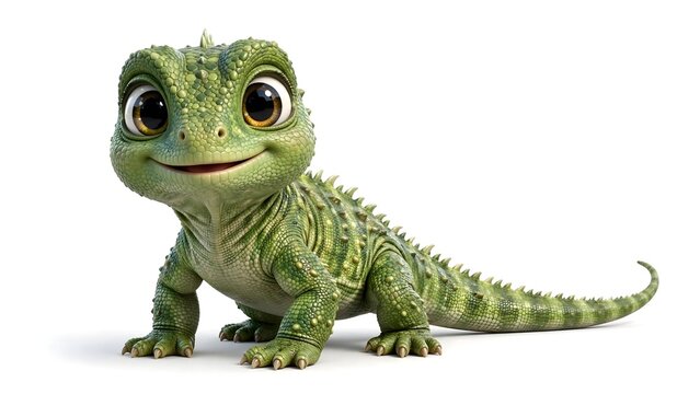 Adorable full body baby tuatara with detailed green scales in a realistic 3D animated cartoon style isolated on a white background.