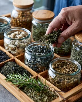 Hand Selects Dried Herbs from Jars on Wooden Tray for Natural Medicine