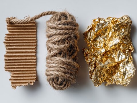 Cardboard, twine ball, and gold foil isolated on white background