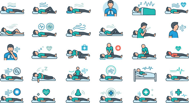 Man in different sleep positions and breathing exercises during night rest and medical care