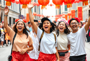 Fototapeta premium Happy group celebrating Chinese New Year parade outdoors