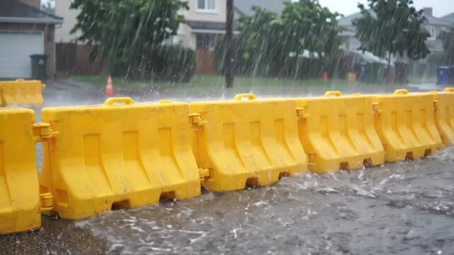 Yellow flood barriers protecting residential area on wet street during heavy rain with water splashing and street protection from rising water damage