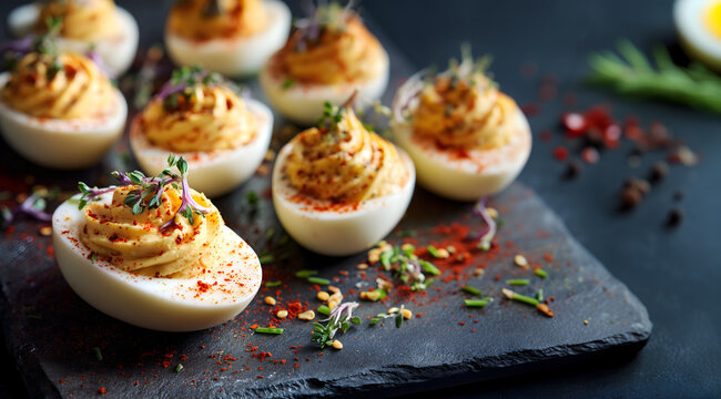Creative food template. Creamy stuffed mayo seasoned yolk Deviled devilled egg with microgreens vegetable and paprika on dark black plate. copy text space. long banner