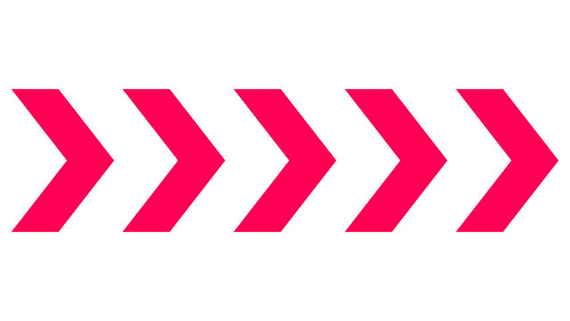 Five bright pink chevron arrow signs pointing right with direction pointing navigation abstract interface business straight sequence illustration isolated progress wayfinding creative