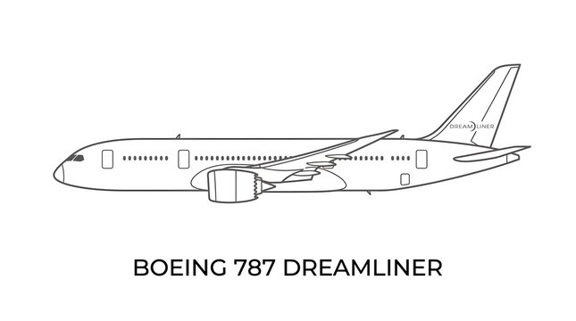 Professional vector art of the Boeing 787 Dreamliner featuring a clean side profile view design.
