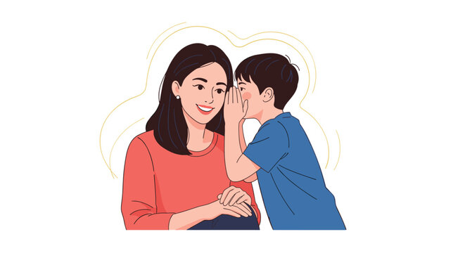 Young boy leans in to whisper a secret into his mother's ear during a close and intimate family moment in their house.