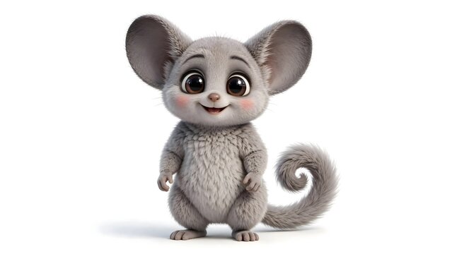 Cute full body baby galago with oversized eyes and fluffy fur in a realistic 3D animation style isolated on a white background.