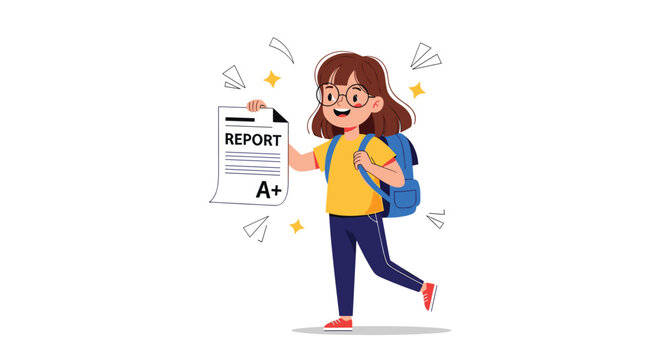 Successful schoolgirl in glasses shows her report card with an A plus grade while wearing a blue backpack at her school.