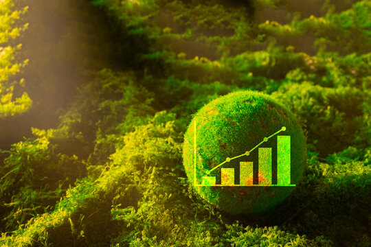 Green economy and ESG investment concept. Moss globe with a glowing upward financial chart on natural moss under sunlight. Sustainable business growth, eco-friendly profit and finance.