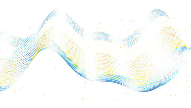 Dynamic Wave Pattern. Abstract blue and yellow dot waves flowing on white background