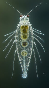 Copepod crustacean swims through the dark water as a microscopic specimen captured for biological research in a laboratory setting.