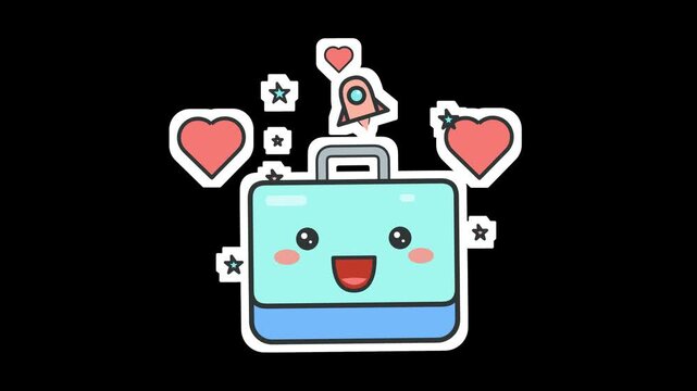 Cute cartoon suitcase character with hearts and rocket
