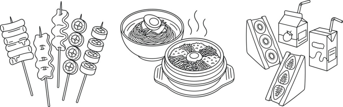 Korean street food line art vector set with tteokbokki odeng ramen and fruit sandwiches