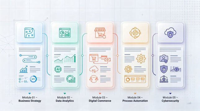 Modern Five Step Business and Technology Process Infographic Showing Digital Transformation Modules