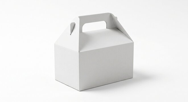 Clean studio mockup of a white cardboard gable box from a front three quarters high angle against a neutral background.