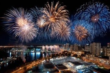 Obraz premium Fireworks over cityscape at night with crowds