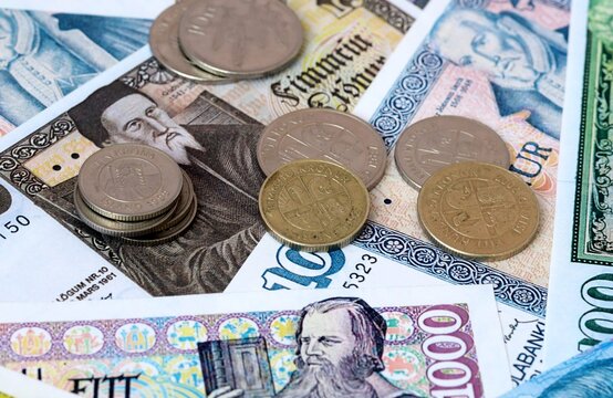 Icelandic krona money banknotes and coins on table. Iceland cash bills of ISK currency