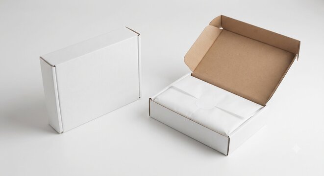 Two rectangular cardboard mailer boxes on a light surface, one closed and one open with white tissue paper.