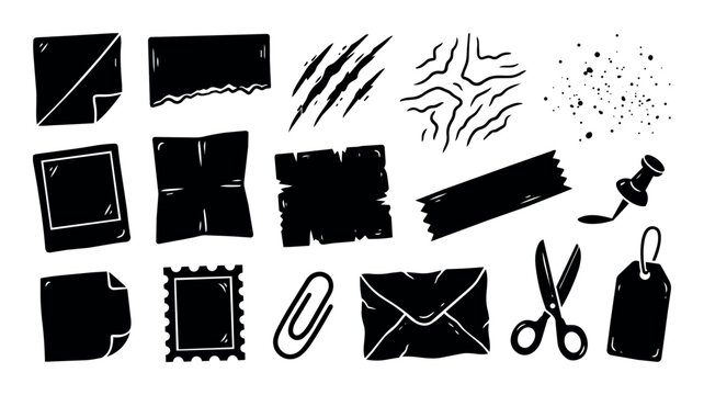 Black silhouette set of paper stationery and office supplies including torn paper, envelope, stamp, scissors, paperclip, and push pin