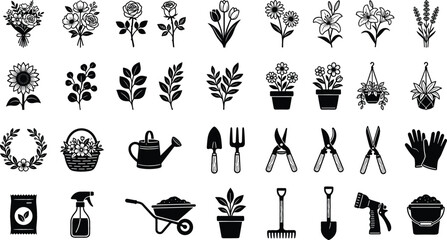 A diverse collection of garden tools and floral elements arranged in a grid for graphic design projects © SoHel