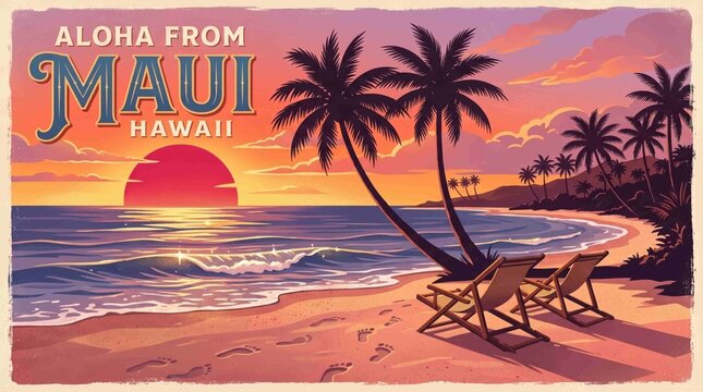 Aloha Maui Hawaii vintage poster, tropical sunset palm trees, beach chairs footprints golden sand. Island paradise vacation theme