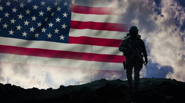 USA military soldier stands in a war zone against the American flag