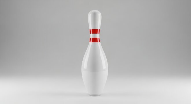 Single White Bowling Pin with Red Stripes on a Light Gray Background