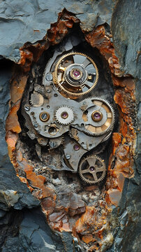 Clockwork mechanism gears are exposed within a rugged and textured rock formation to symbolize the intersection of natural geology and precise mechanical engineering.