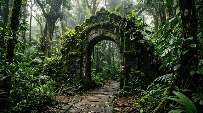 Ancient stone archway overgrown with moss in a misty jungle