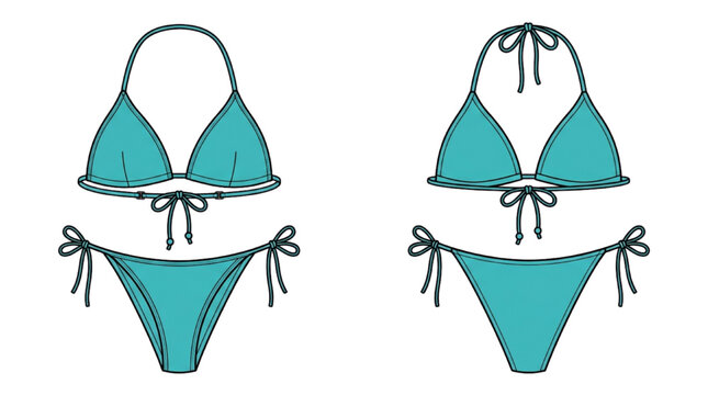 Turquoise Blue Triangle String Bikini Swimsuit Vector Technical Flat Sketch