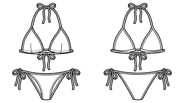 Women Triangle String Bikini Two Piece Swimsuit Vector Technical Flat Sketch