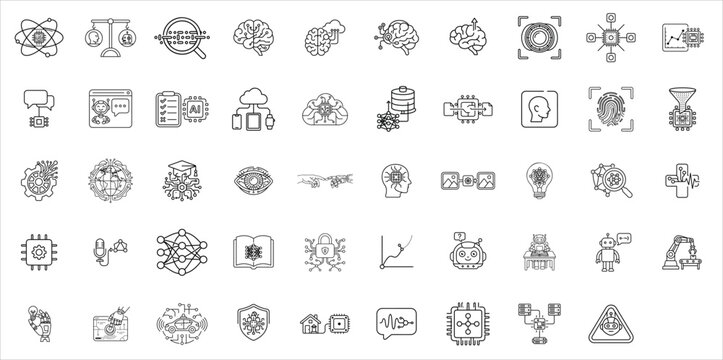 Artificial intelligence line icons set, 50 machine learning and future technology vector elements, neural network and data science thin line symbols