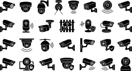 Security cameras on white background with diverse mounting options and privacy icons for surveillance concepts © SoHel