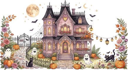 Fototapeta premium Watercolor illustration of a spooky haunted mansion with ghosts pumpkins and black cats for a festive halloween holiday season design