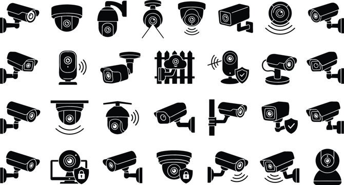 Security cameras on white background with diverse mounting options and privacy icons for surveillance concepts
