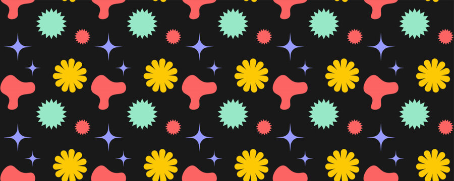 Abstract seamless pattern with colorful organic shapes, floral bursts and sparkling stars on black background for textile, packaging and modern graphic design