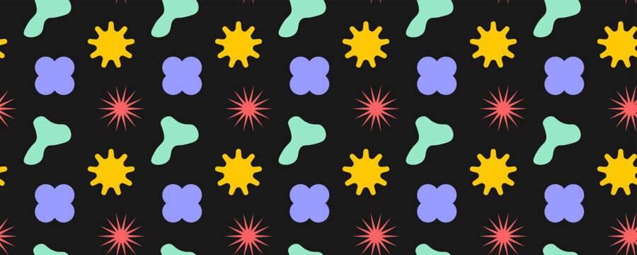 Abstract seamless pattern with colorful organic shapes, rounded flowers and starburst elements on black background for textile, packaging and graphic design