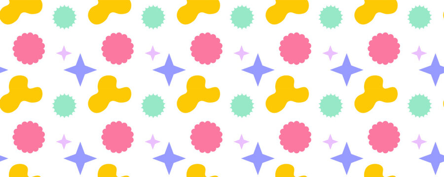 Abstract seamless pattern with colorful organic shapes, scalloped circles and sparkling stars on transparent background for textile, packaging and graphic design