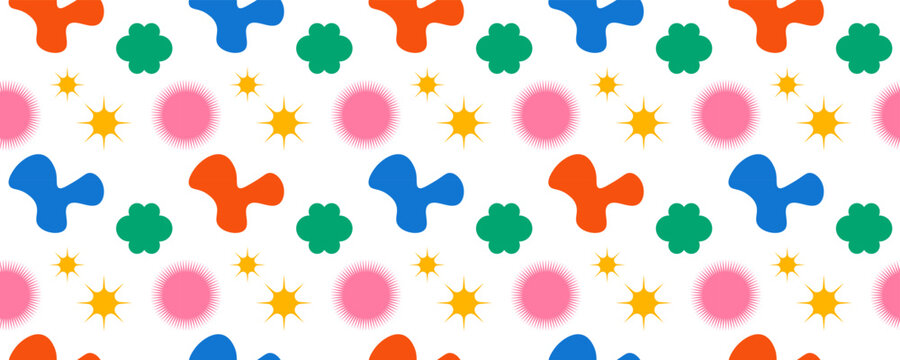 Abstract seamless pattern with colorful organic shapes, floral elements and starbursts on transparent background for textile, packaging and modern graphic design