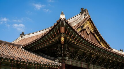 Fototapeta premium Ornate detail of traditional asian temple roof against blue sky