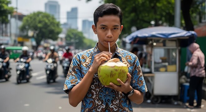 Man Drinks Coconut Drink.
