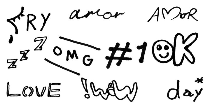 Handwritten words and symbols collection including love, omg, wow, 10k, and sleep icons isolated on transparent background
