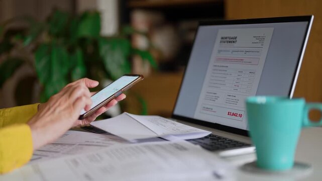 Woman calculating utility bills and household expenses on smartphone calculator.
