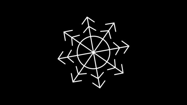 White minimalist geometric snowflake graphic on black background a clean, icon