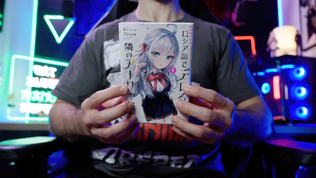 Headless person show Japanese light novel Roshidere in neon light gaming room