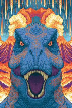 A dramatic illustrative composition featuring a detailed, stylized T-Rex head with tribal patterns, set against a backdrop of erupting volcanoes and falling embers.