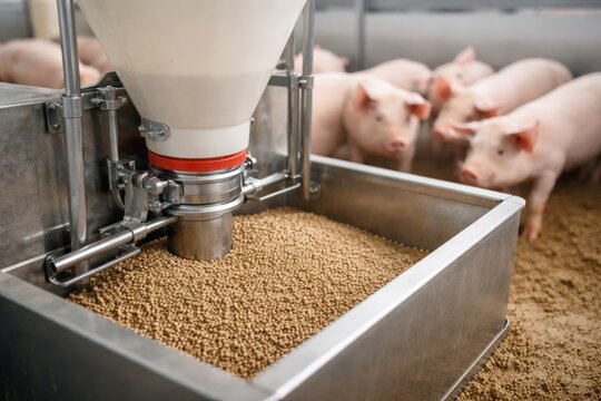 An automated pig feeder dispenses pellets into a trough at a modern pig farm. This image illustrates efficient livestock production, suitable for agricultural industry advertisements or reports.