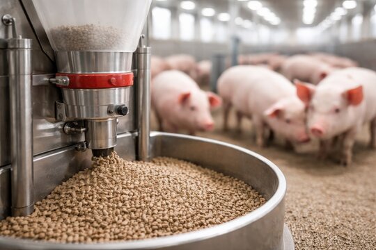 An automated feeder dispenses nutritional pellets into a trough for young pigs. This image highlights modern livestock farming, animal nutrition, and sustainable agricultural practices.